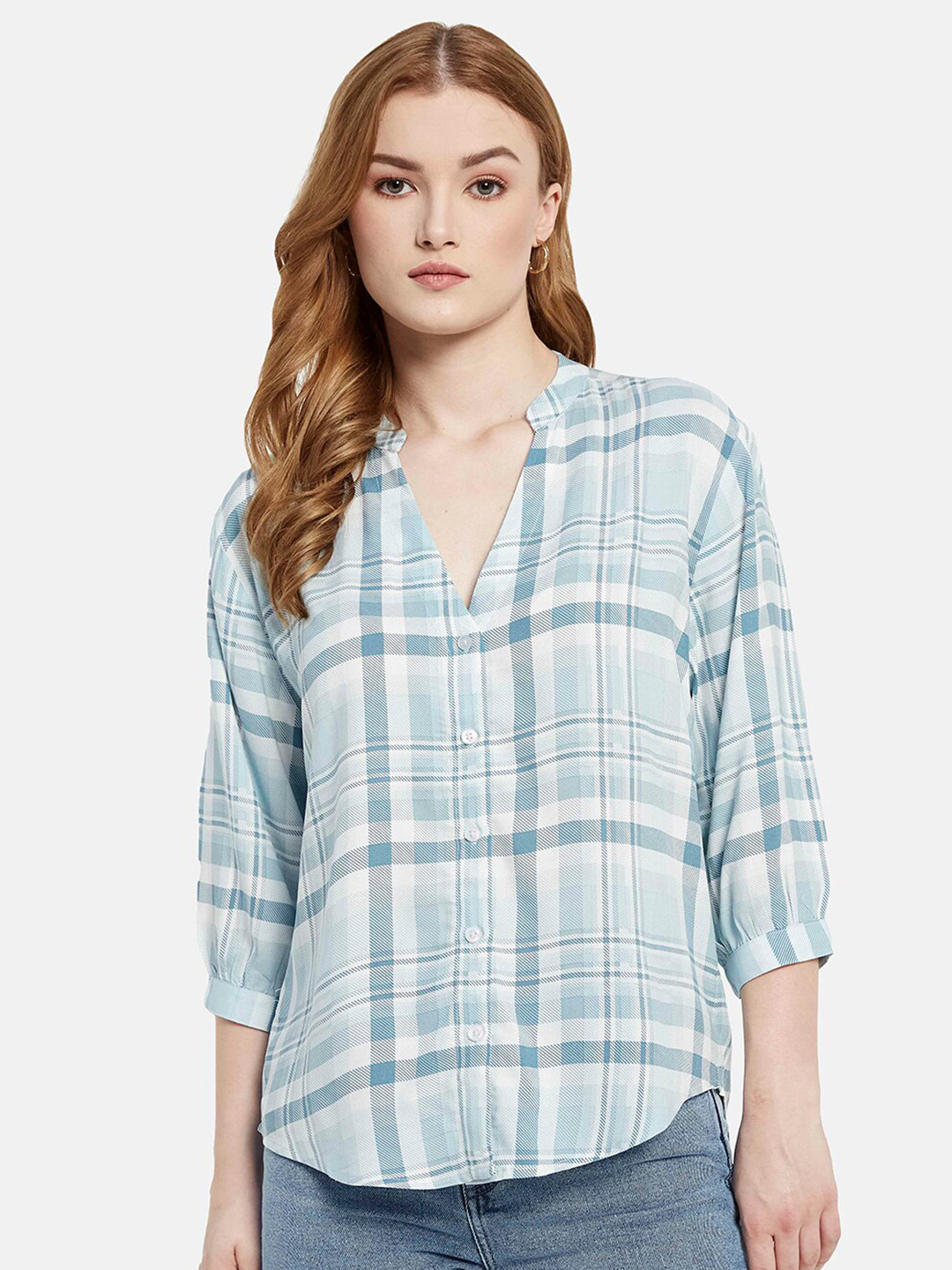 

METTLE Mandarin Collar Checked Opaque Cotton Shirt, Blue