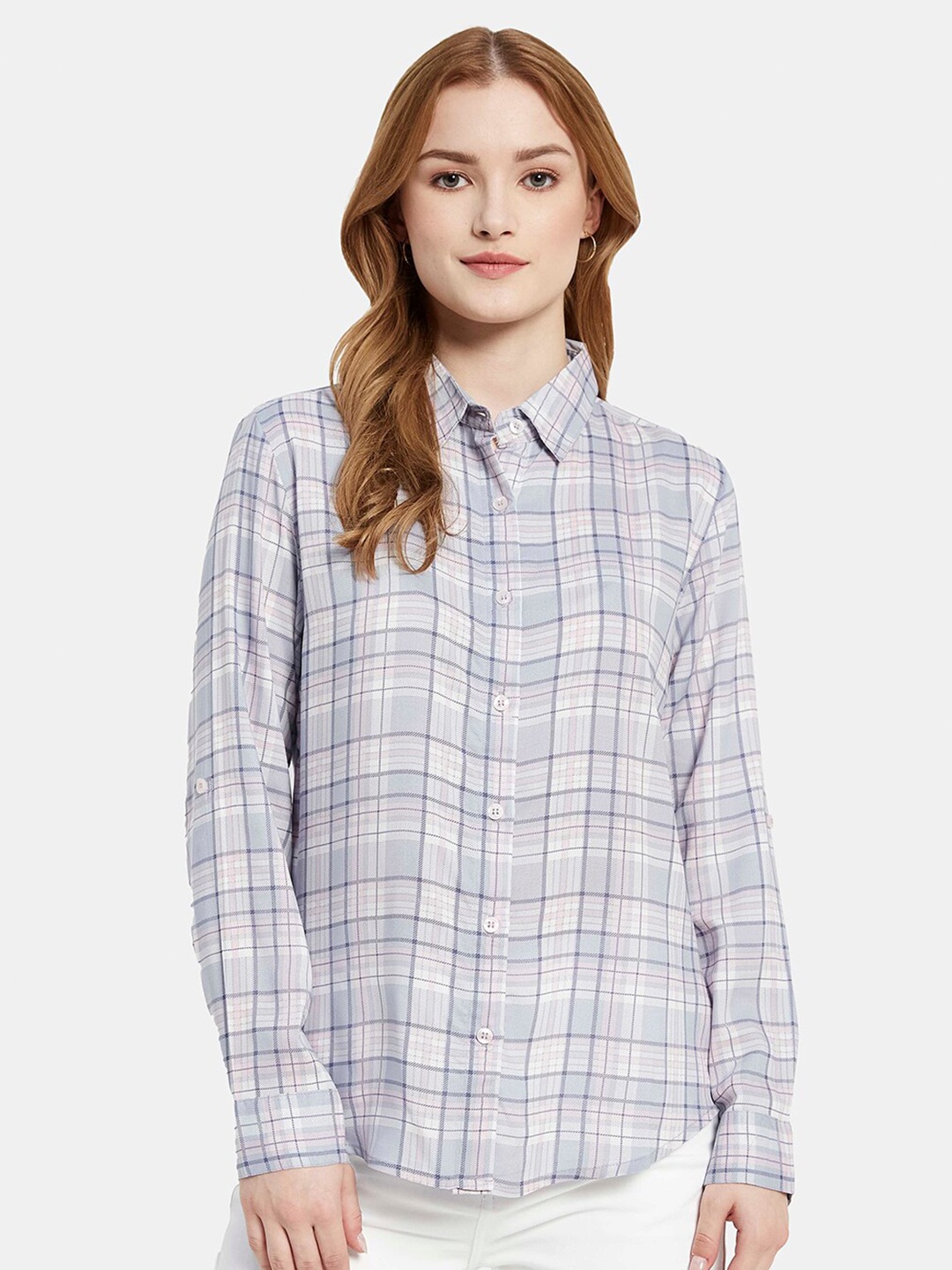 

METTLE Tartan Checked Roll Up Sleeves Cotton Casual Shirt, Purple