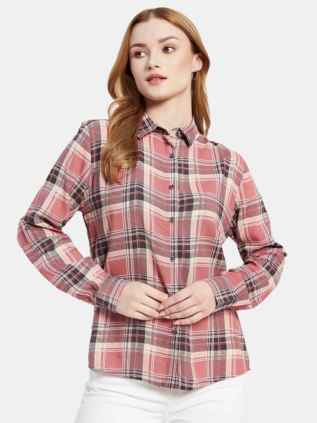 

METTLE Tartan Checked Cotton Casual Shirt, Coral