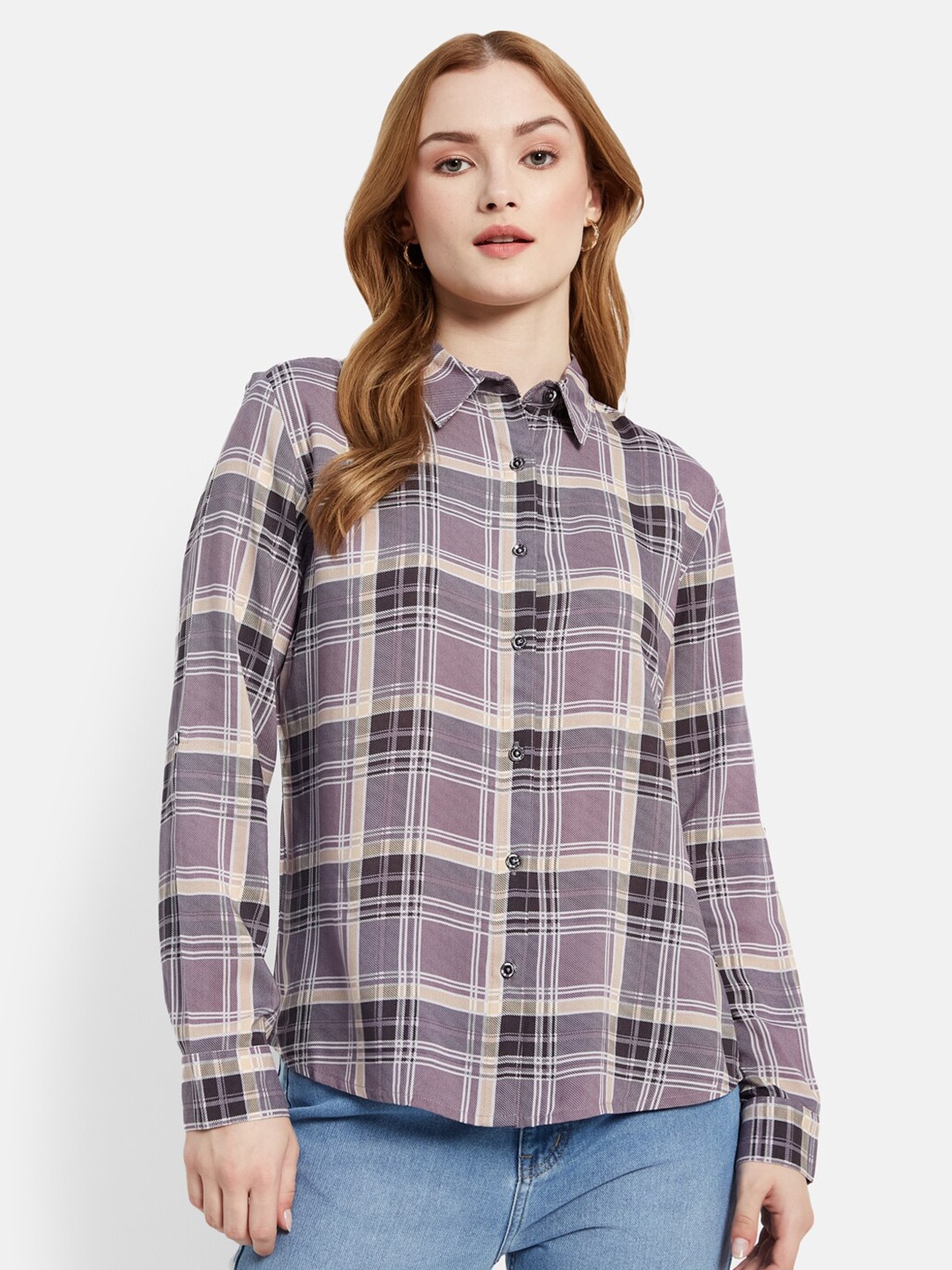 

METTLE Tartan Checked Cotton Casual Shirt, Purple