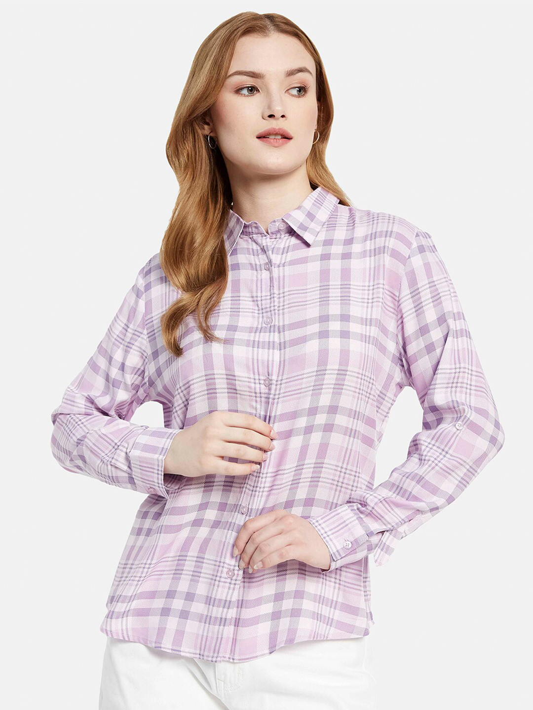 

METTLE Tartan Checked Casual Cotton Shirt, Purple