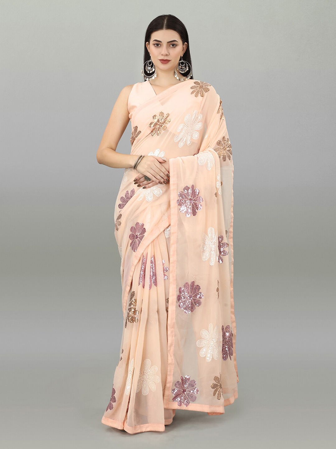 

ODETTE Floral Embellished Saree, Peach