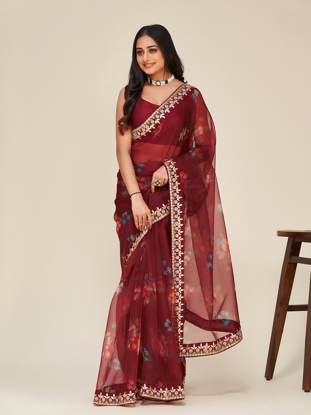 

ODETTE Floral Printed & Embroidered Bordered Organza Saree, Brown