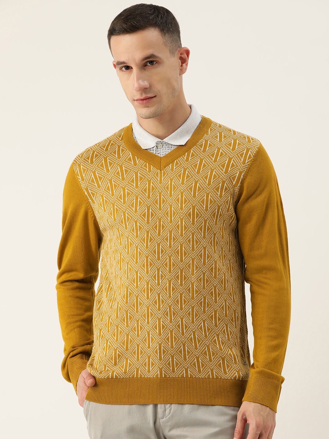 

Parx Casual Wear Collection Geometric Woven Design Acrylic Pullover, Mustard