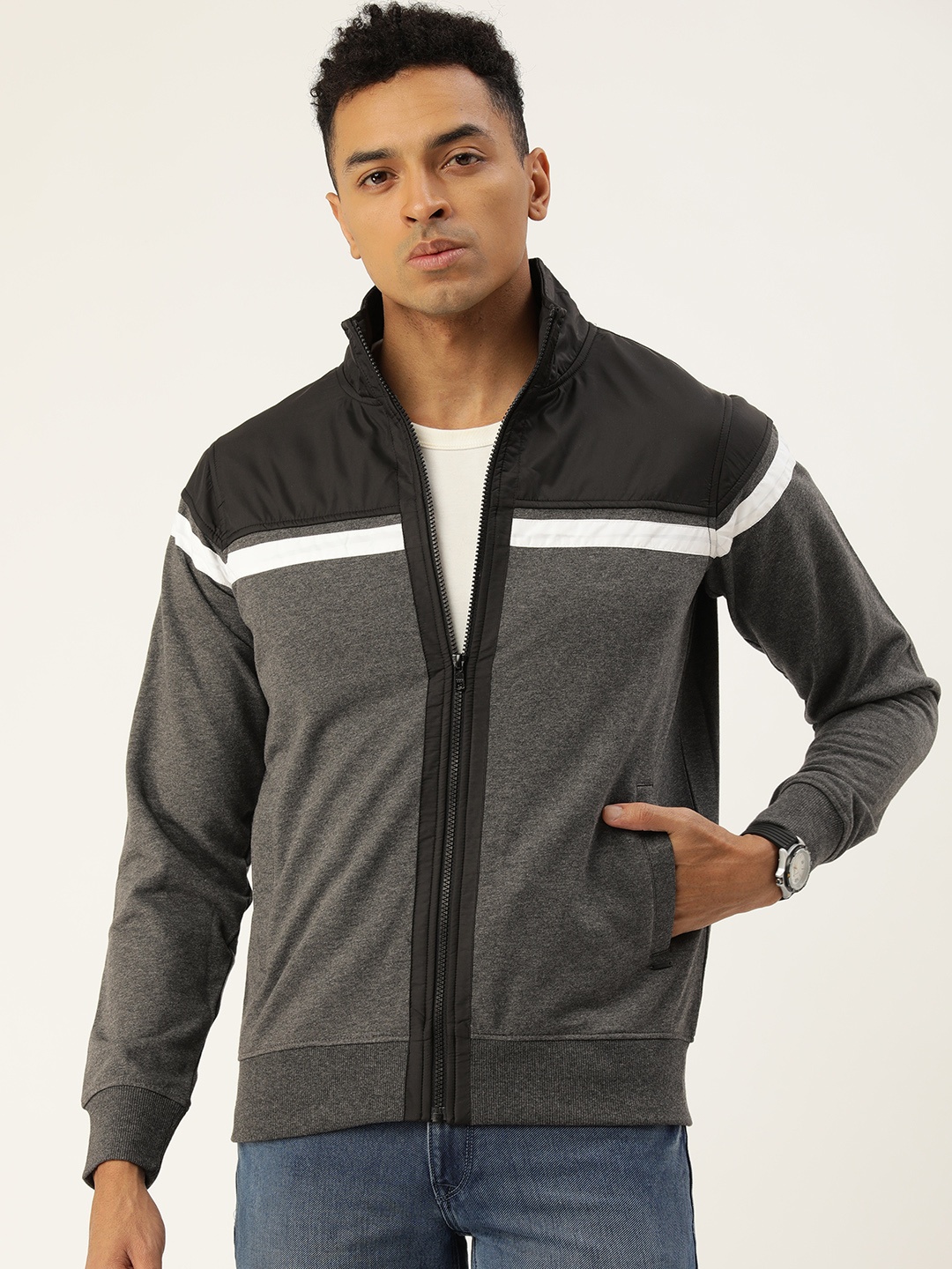 

Parx Striped Front Open Sweatshirt, Grey