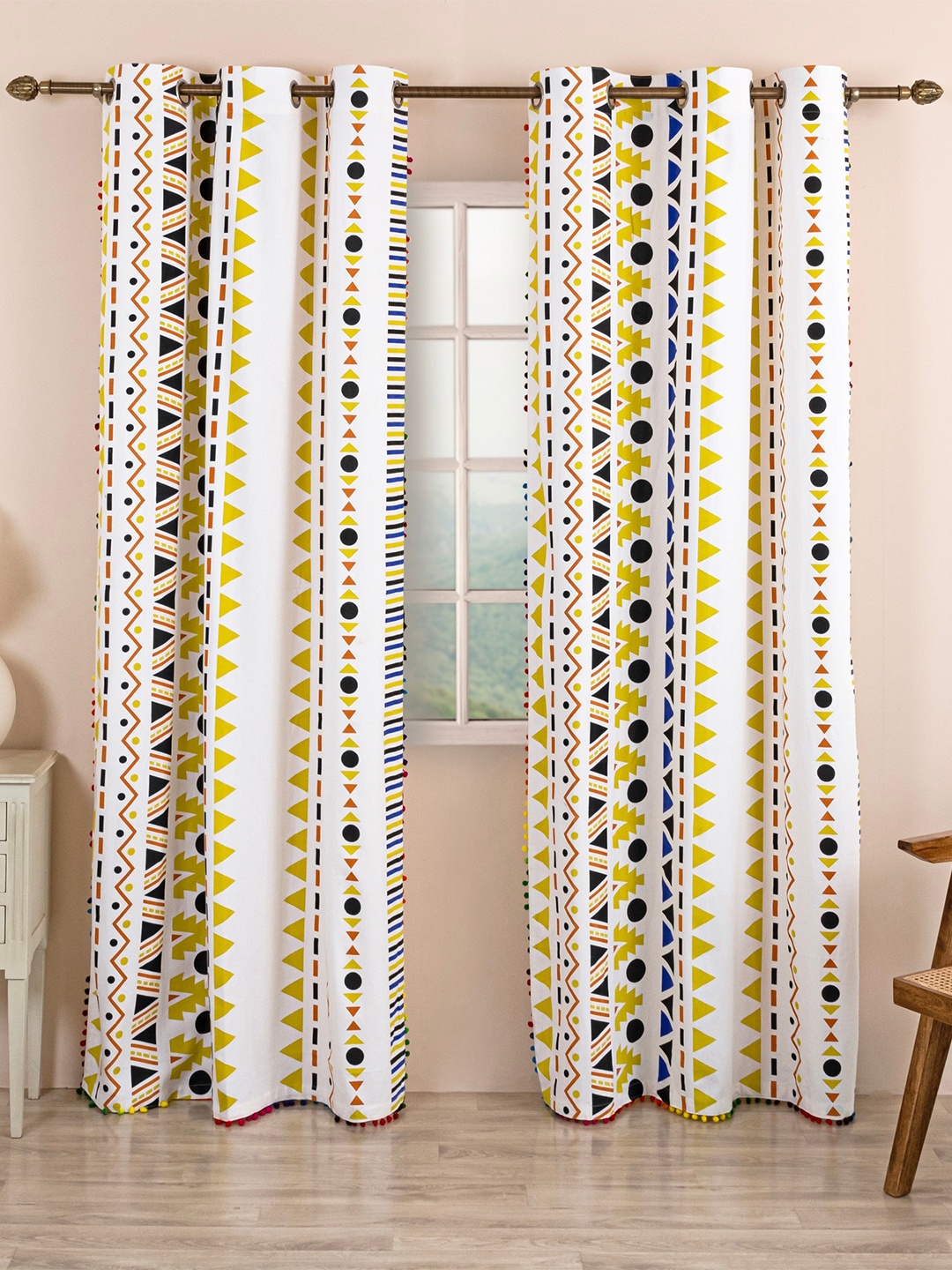 

HOMEMONDE Pack of 2 Multicolor Pompom Tribal Printed Decorative Curtains 7 Feet, Yellow