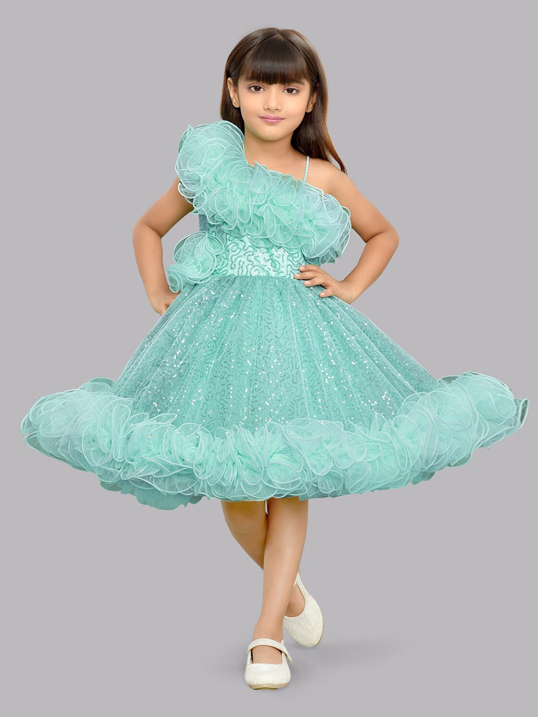 

Pink Chick Girls Embellished One Shoulder Ruffles Detailed Sequined Fit & Flare Dress, Sea green