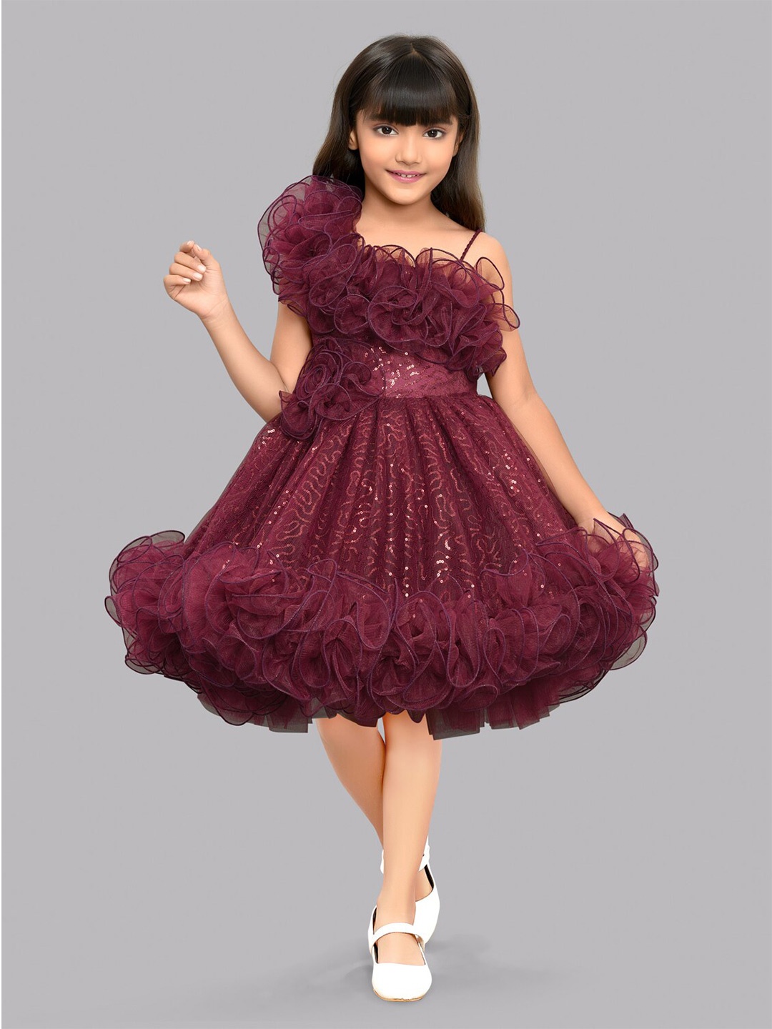 

Pink Chick Girls Embellished Shoulder Straps Sequined Fit & Flare Dress, Burgundy