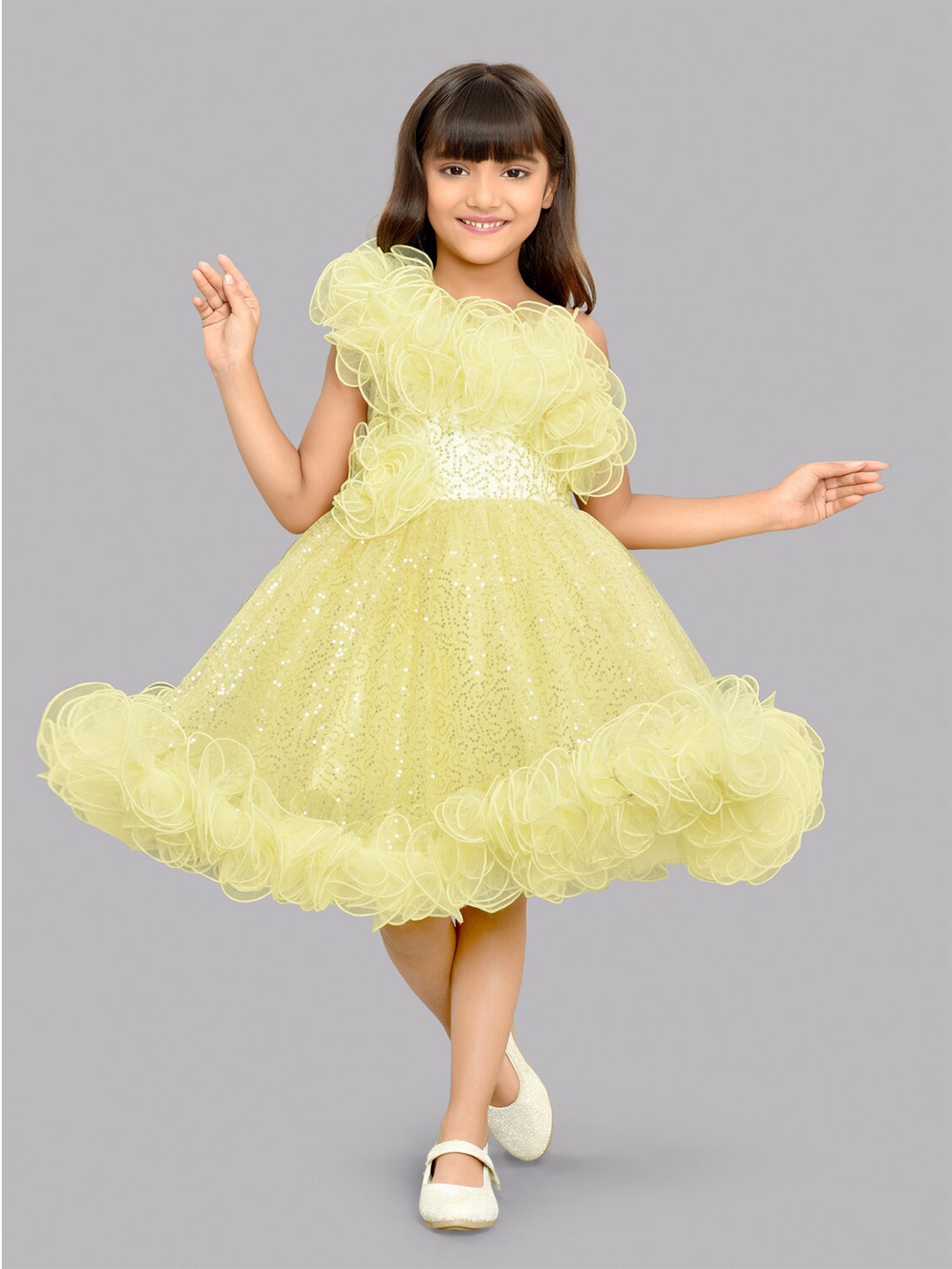 

Pink Chick Girls Embellished One Shoulder Ruffles Detailed Sequined Fit & Flare Dress, Yellow