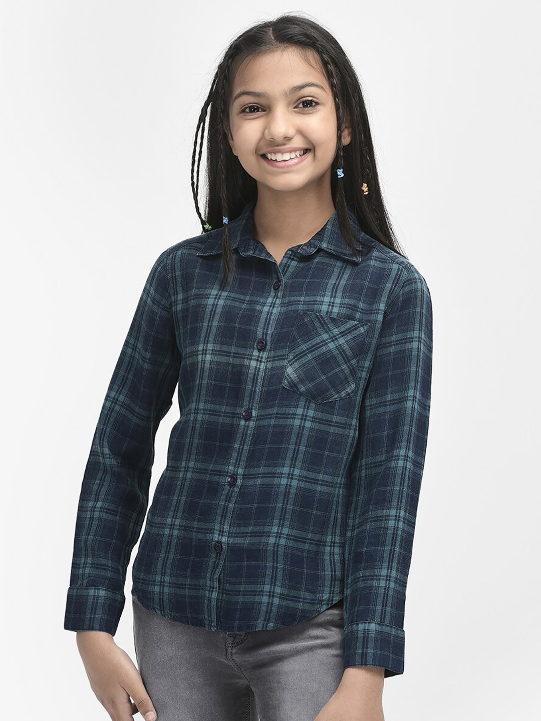

Crimsoune Club Girls Slim Fit Tartan Checked Casual Shirt, Navy blue