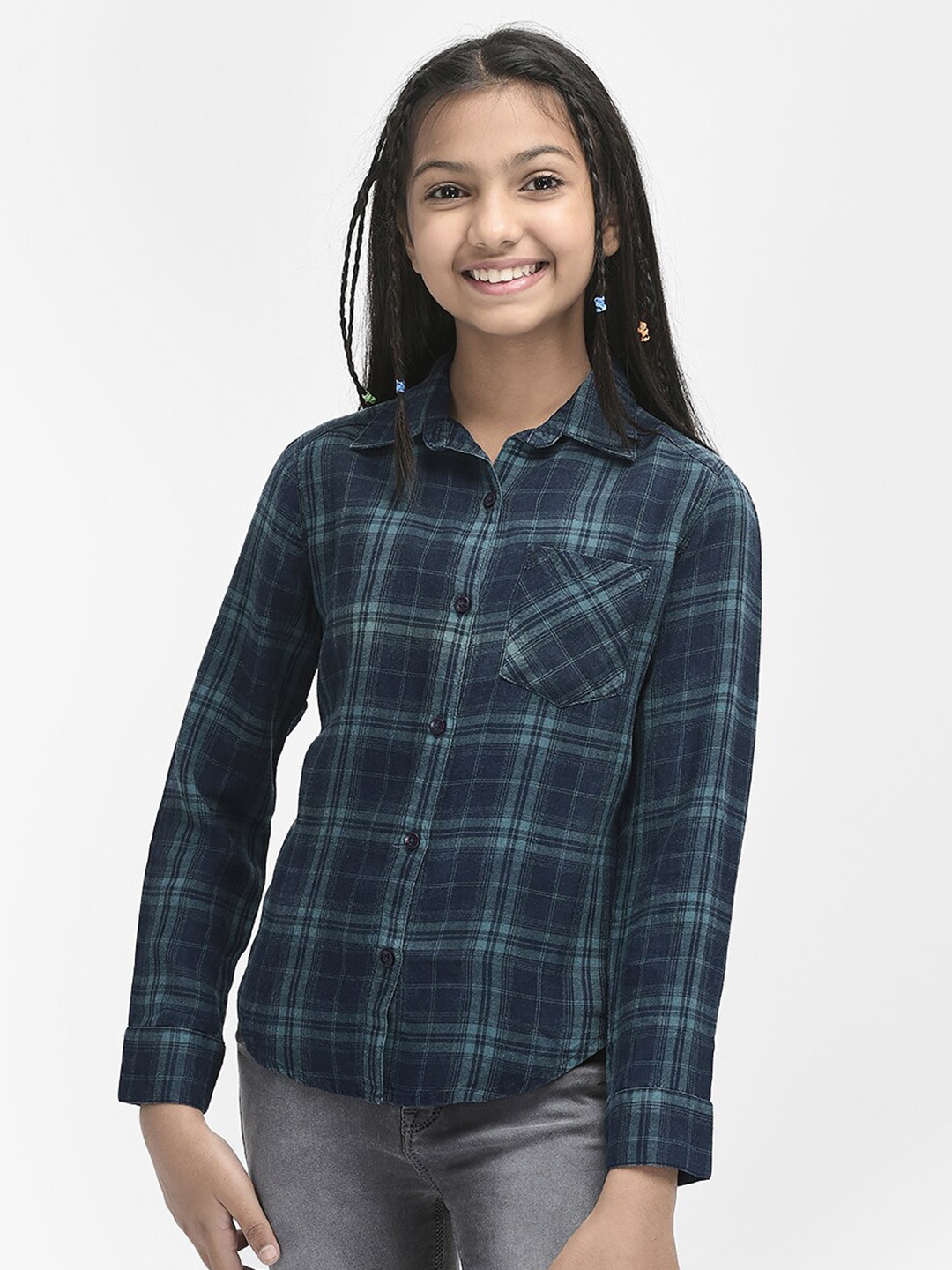 

Crimsoune Club Girls Slim Fit Tartan Checked Casual Shirt, Navy blue