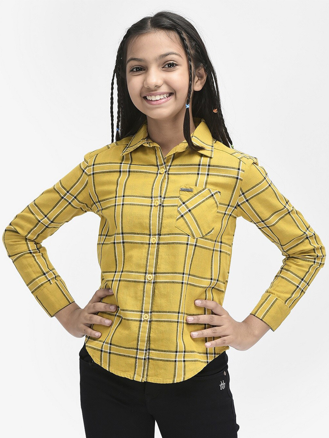 

Crimsoune Club Girls Slim Fit Tartan Checked Cotton Casual Shirt, Mustard