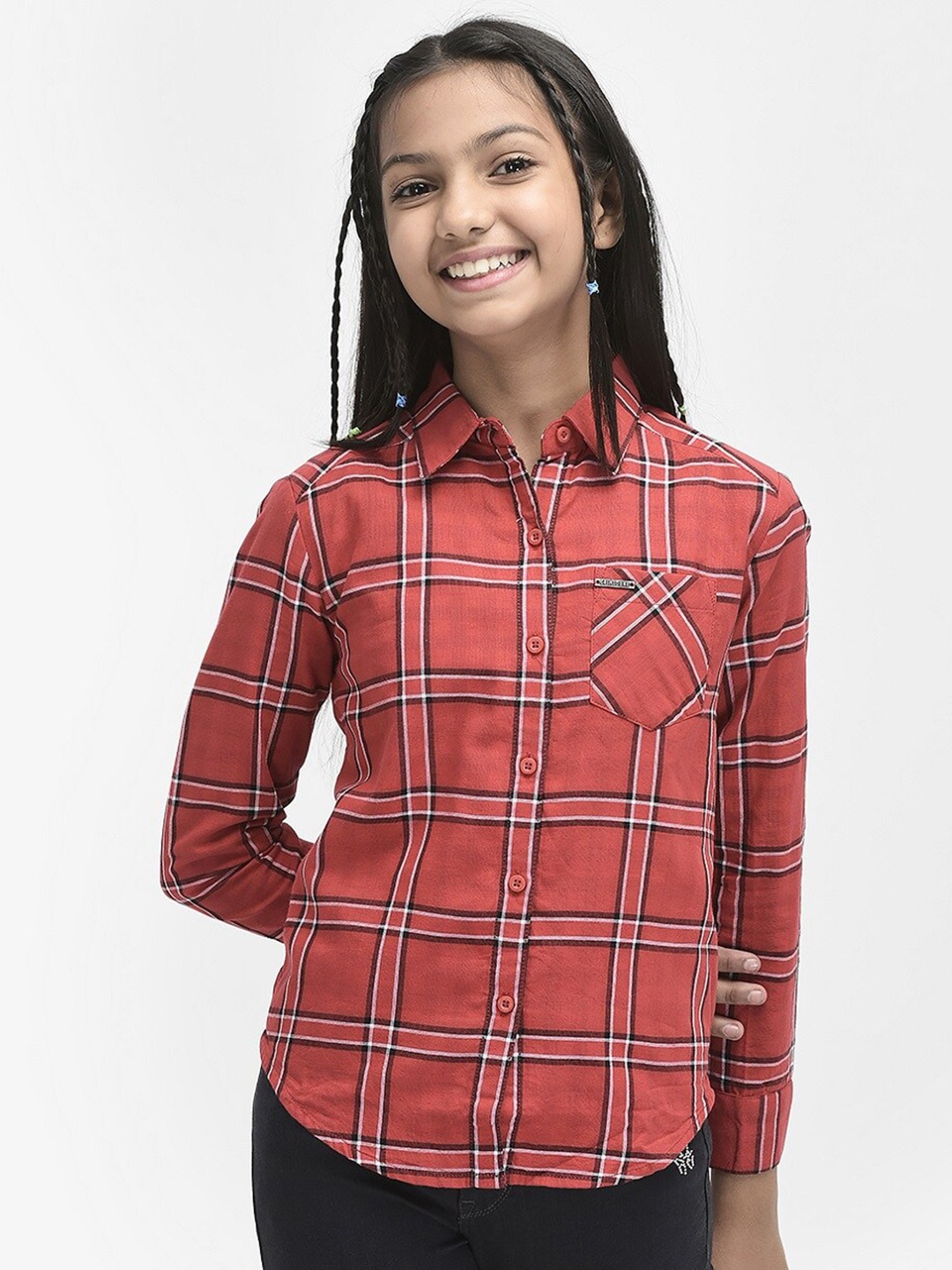 

Crimsoune Club Girls Slim Fit Tartan Checked Cotton Casual Shirt, Red