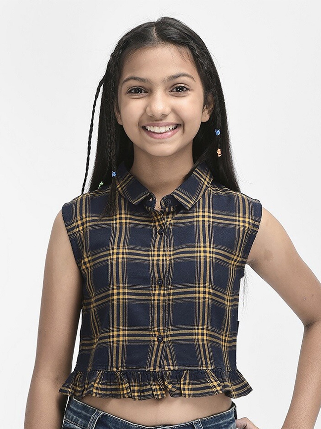 

Crimsoune Club Girls Checked Sleeveless Shirt Style Crop Top, Navy blue