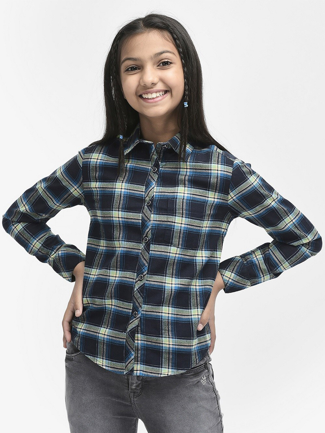 

Crimsoune Club Girls Slim Fit Tartan Checked Pure Cotton Casual Shirt, Navy blue