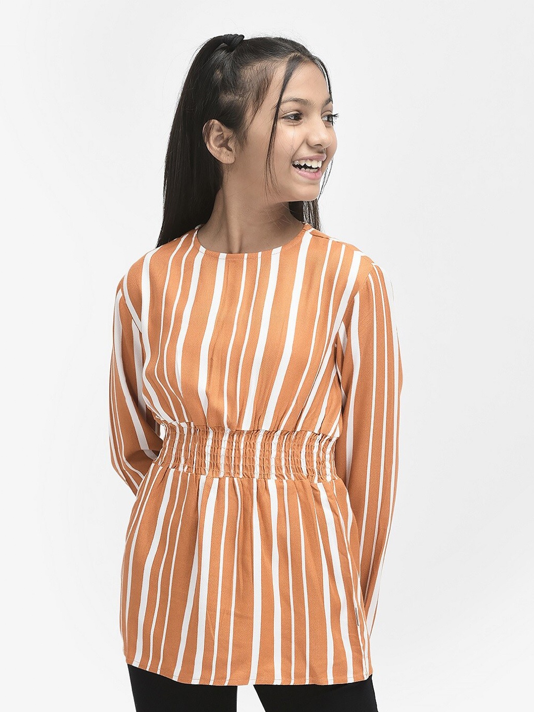 

Crimsoune Club Girls Vertical Striped Smocked Cinched Waist Top, Orange