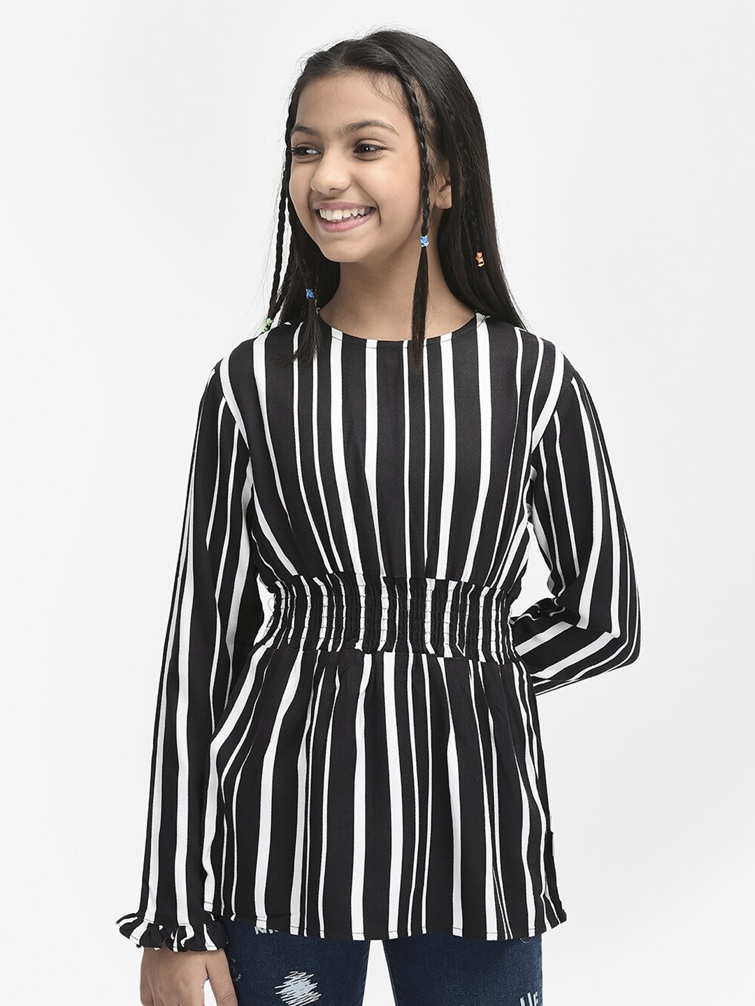 

Crimsoune Club Girls Vertical Striped Smocked Monochrome Cinched Waist Top, Black