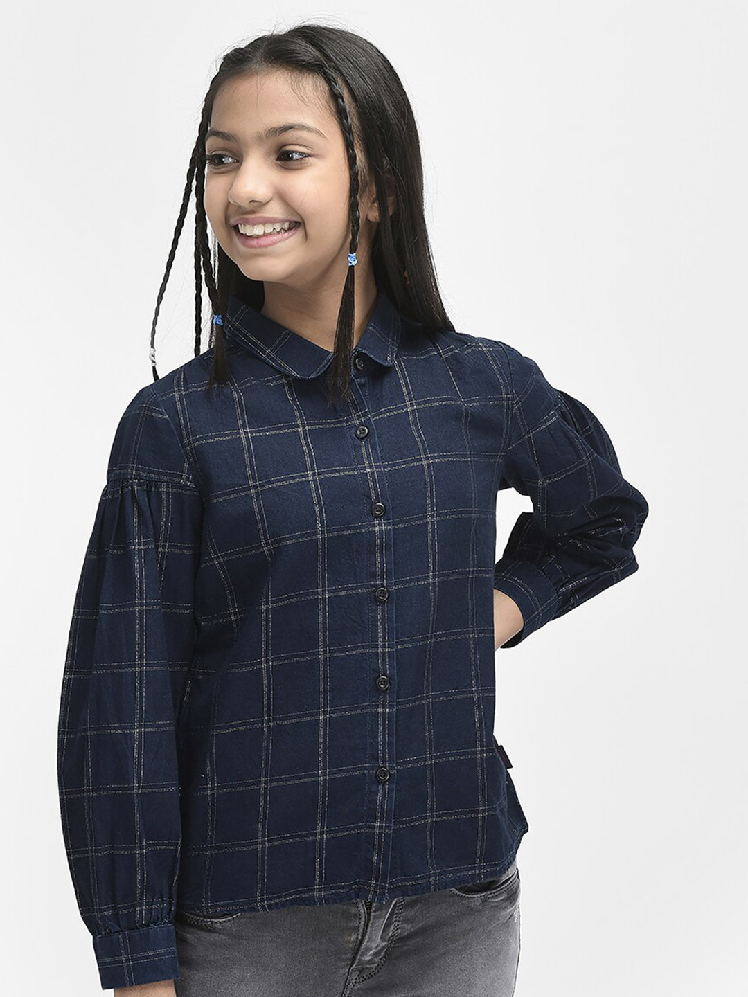 

Crimsoune Club Girls Checked Shirt Collar Cuffed Sleeves Shirt Style Top, Navy blue
