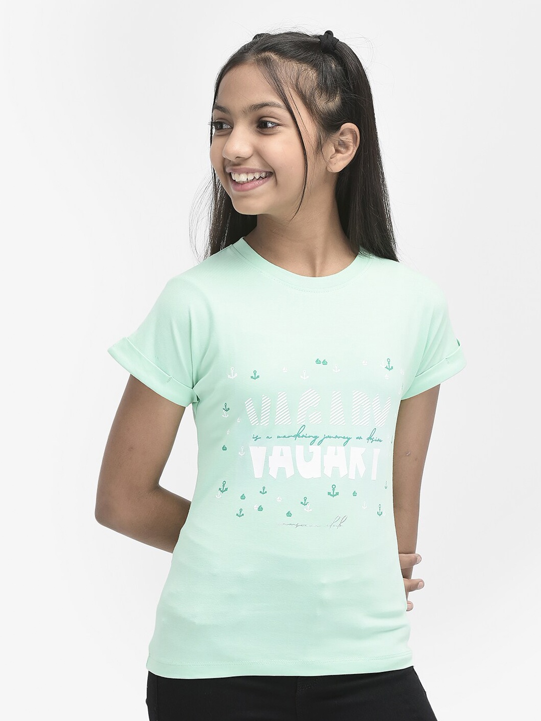 

Crimsoune Club Girls Typography Printed Slim Fit T-shirt, Green