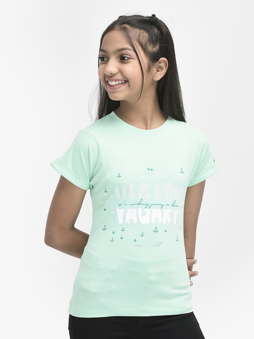 

Crimsoune Club Girls Printed Cotton Slim Fit T-shirt, Sea green