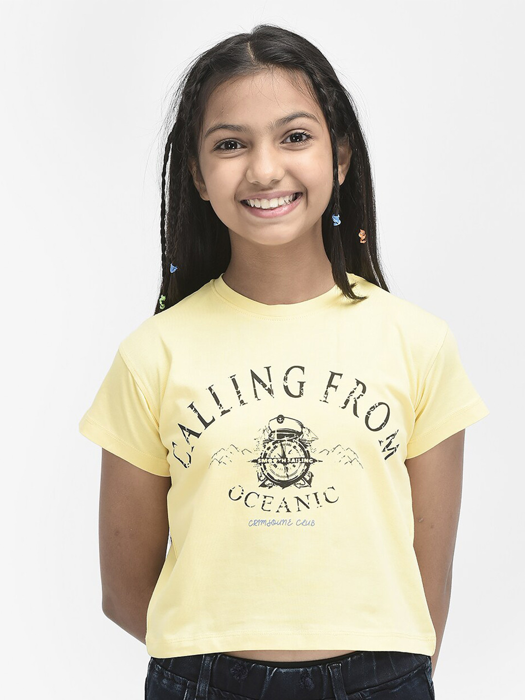 

Crimsoune Club Girls Printed Cotton Crop T-shirt, Yellow