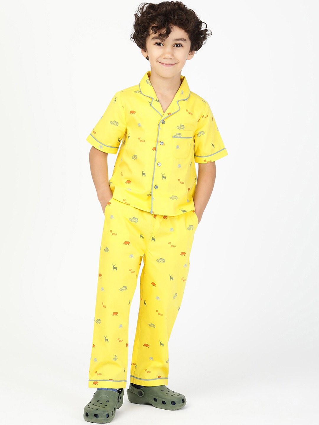 

Budding Bees Boys Conversational Printed Pure Cotton Shirt With Pyjama Night suit, Yellow