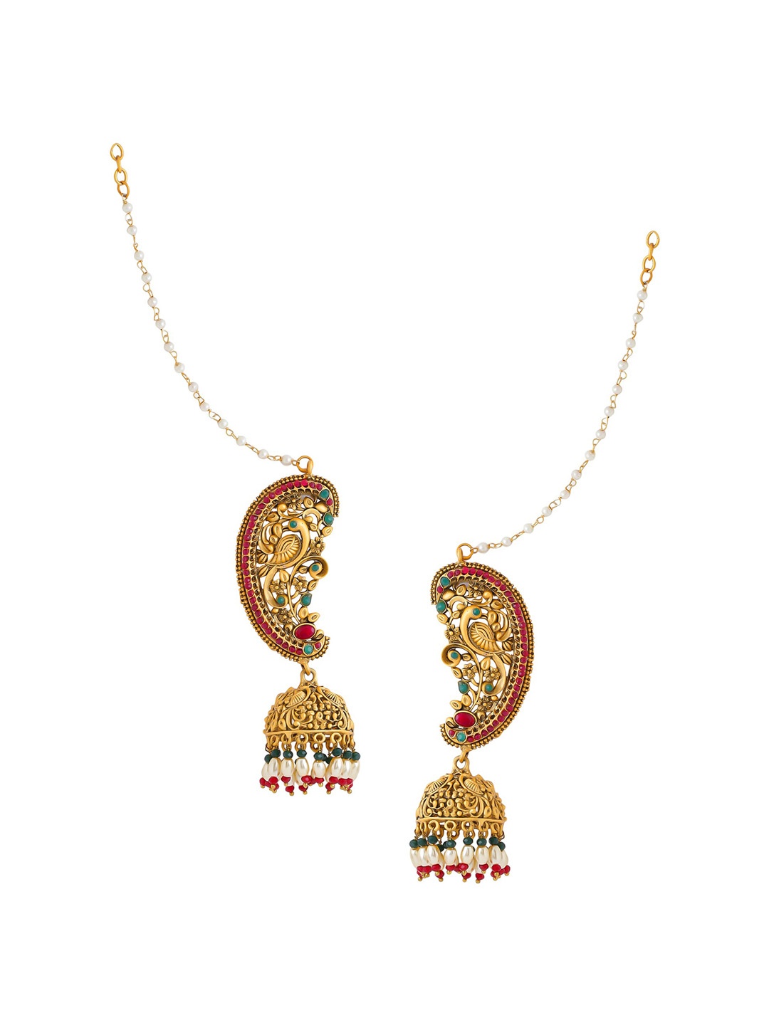 

Yellow Chimes Gold-Plated Peacock Designed Jhumkas Earrings With Chain