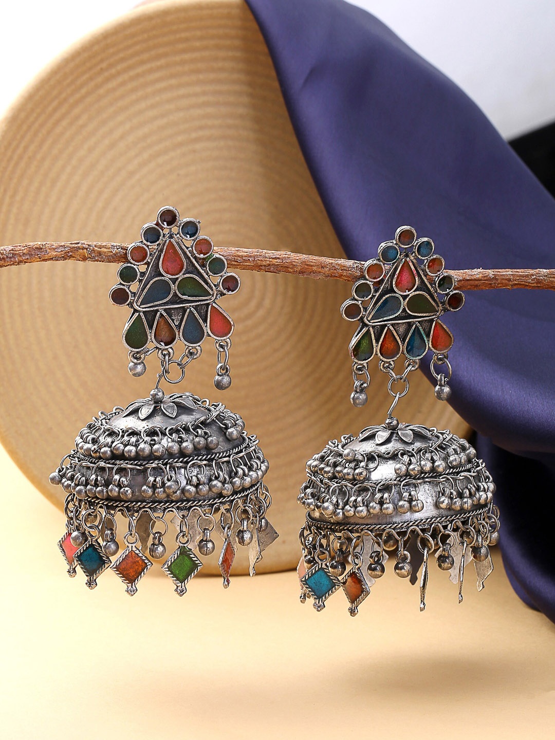 

Yellow Chimes Silver-Toned Contemporary Jhumkas Earrings