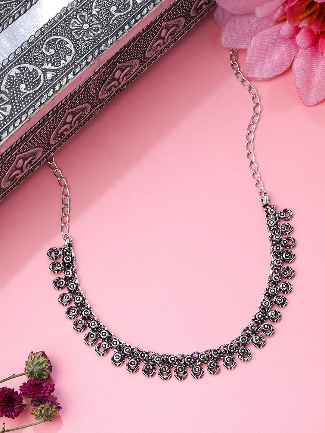 

Yellow Chimes Silver-Toned German Silver Oxidised Necklace