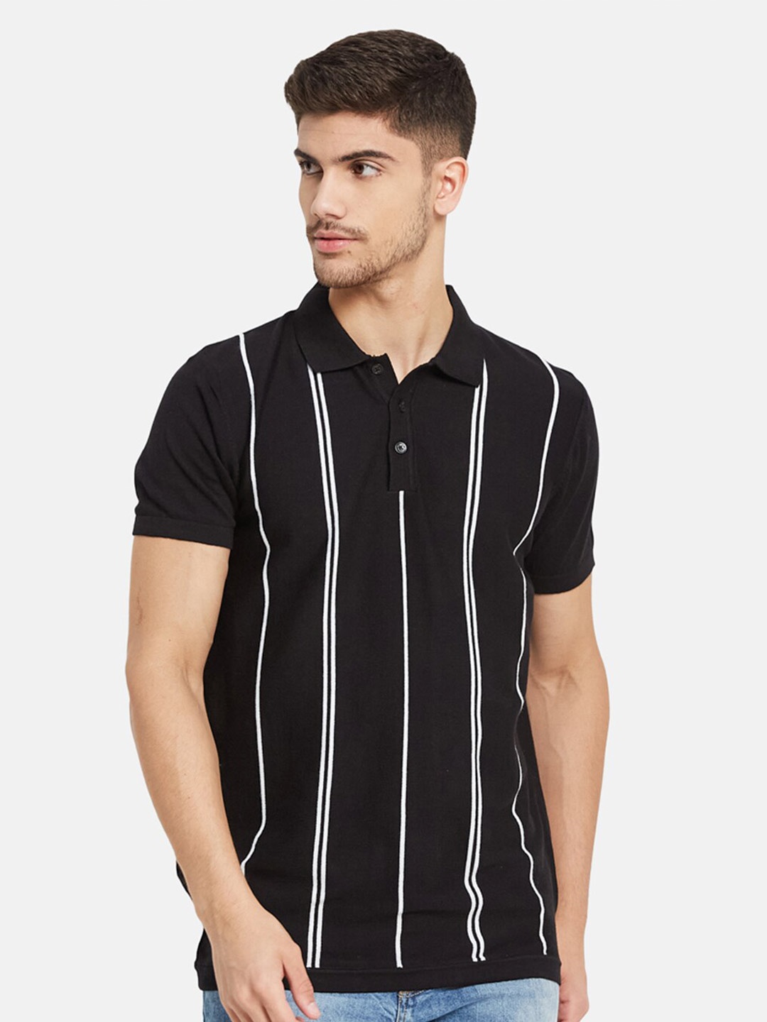 

METTLE Striped Polo Collar Cotton T-shirt, Black