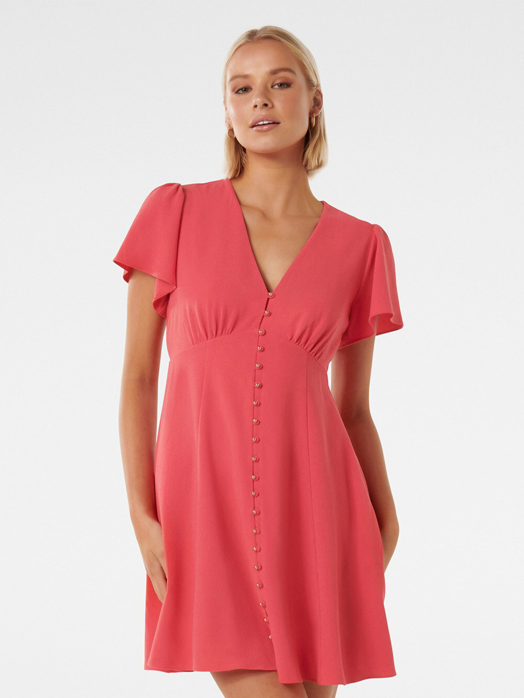 

Forever New V- Neck Flared Sleeve Gathered Detail A-Line Dress, Red