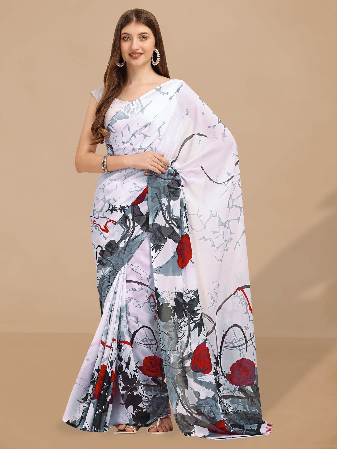 Dori Floral Printed Pure Georgette Saree, Red