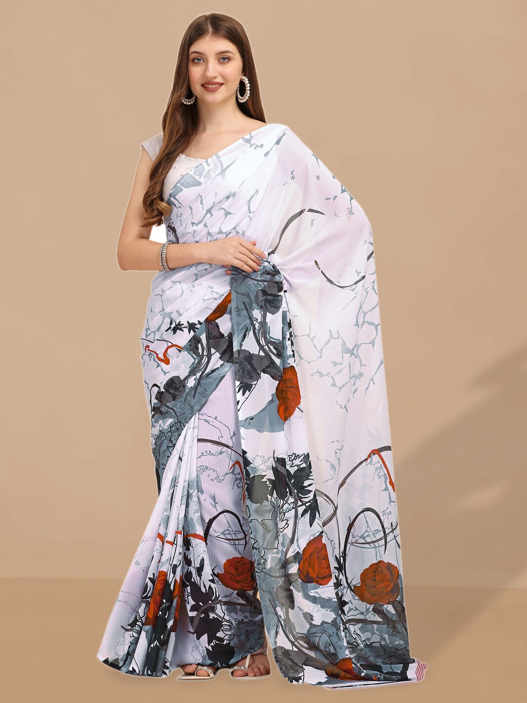 

Dori Floral Printed Pure Georgette Saree, White