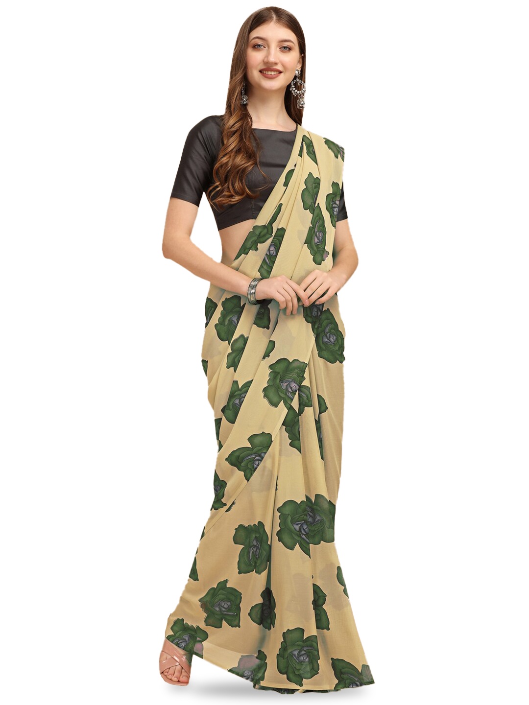 

Dori Floral Printed Pure Georgette Saree, Green