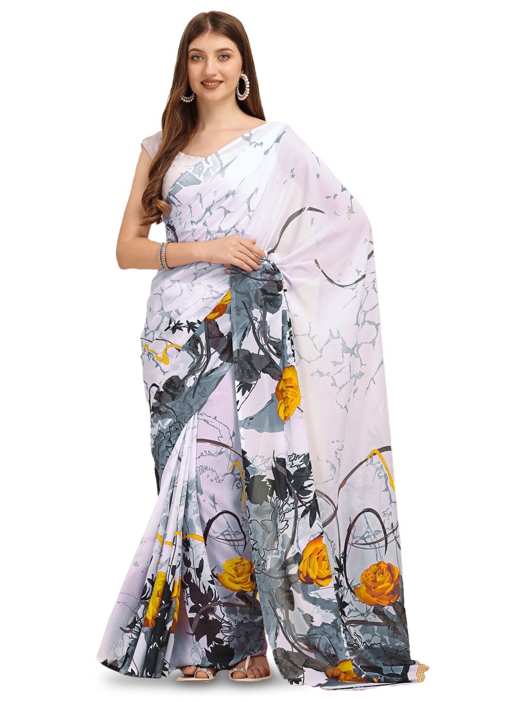 

Dori Floral Printed Pure Georgette Saree, Yellow