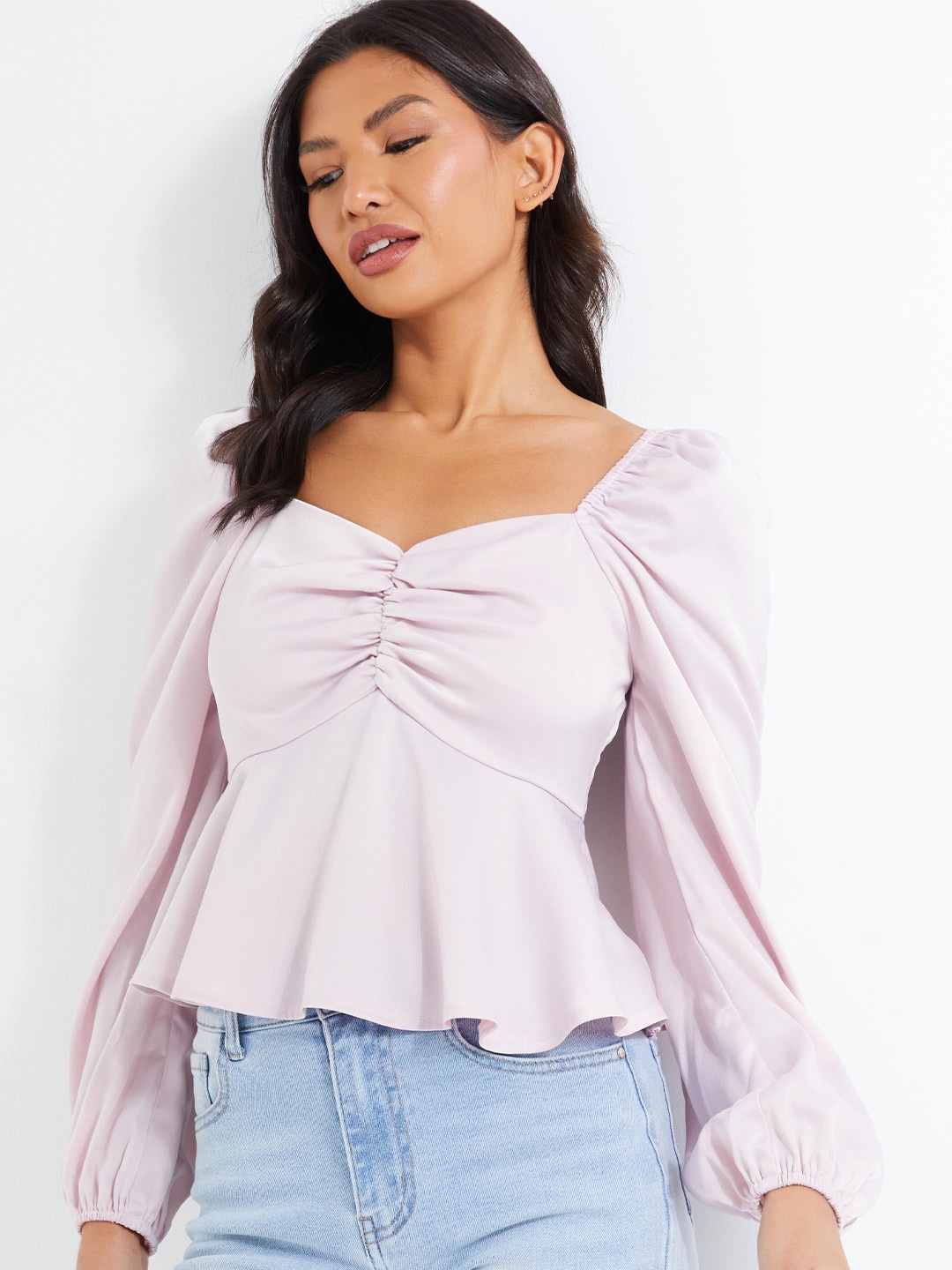 

QUIZ Ruched Detail Sweetheart Neck Puff Sleeves Satin Peplum Top, Pink