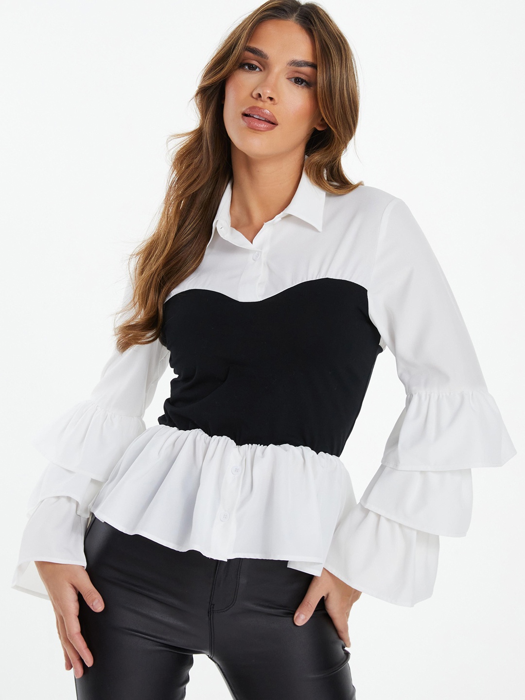 

QUIZ Monochrome Bell Sleeves Shirt Style Top, Black