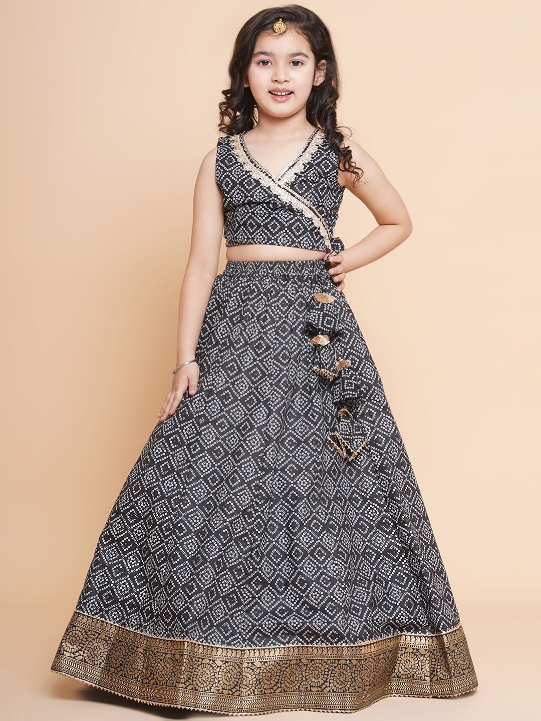 

Bitiya by Bhama Girls Bandhani Printed Ready to Wear Cotton Choli With Lehenga, Black