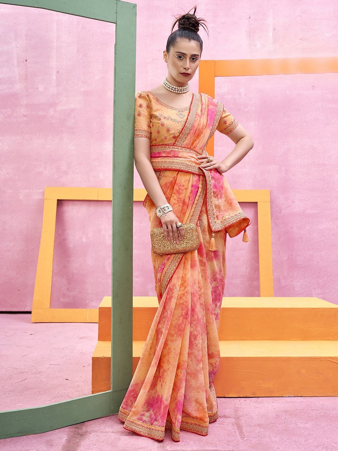 

Triveni Abstract Printed Embroidered Pure Georgette Saree, Orange