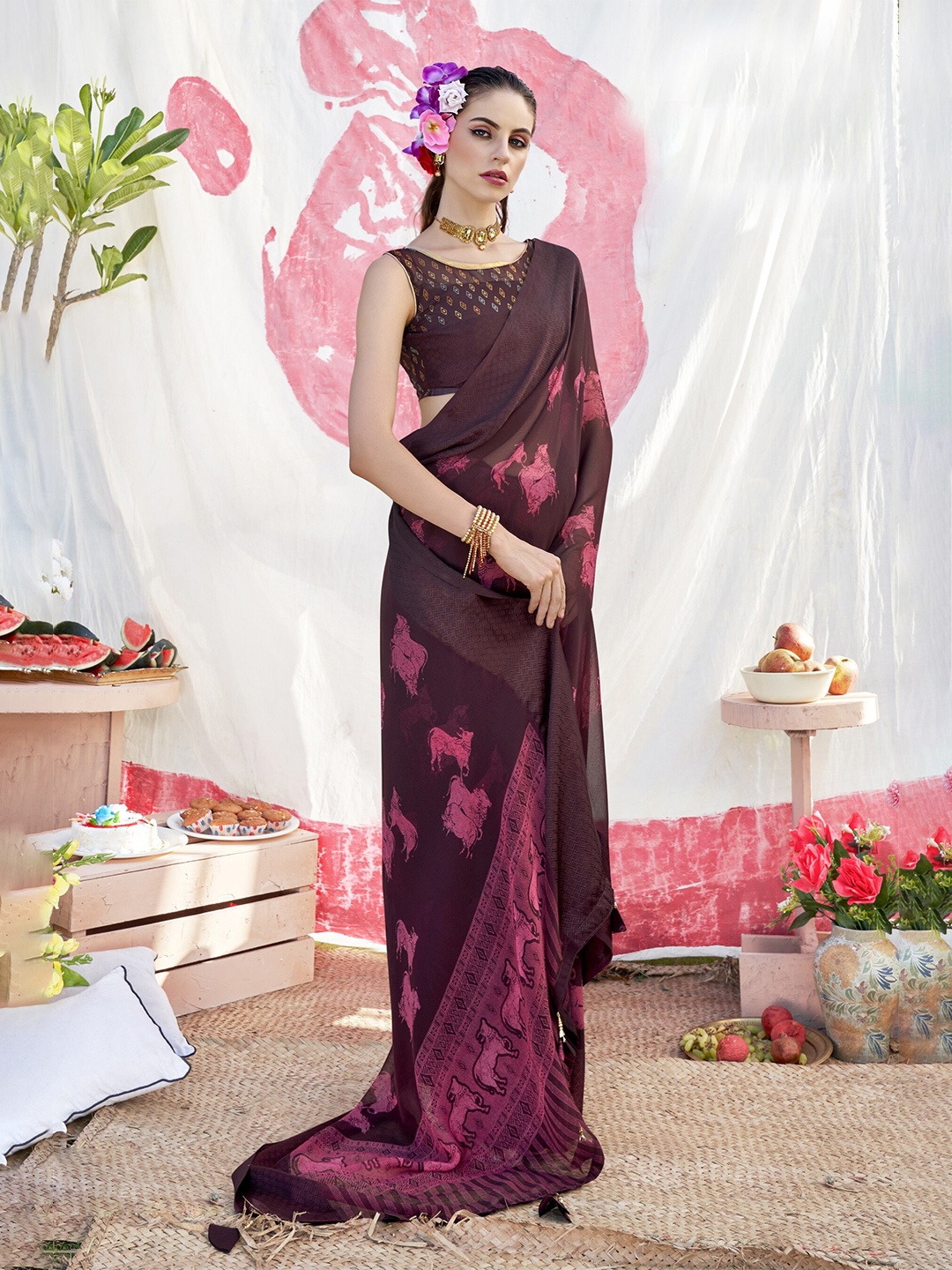 

Triveni Ethnic Motifs Pure Georgette Saree, Brown