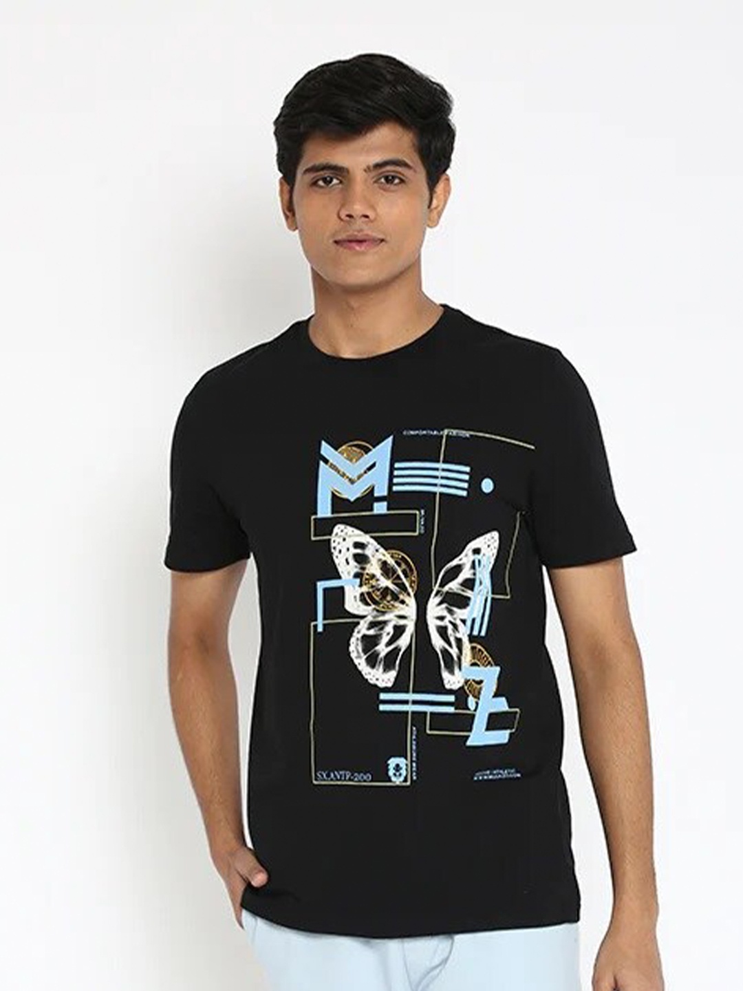 

Muvazo Graphic Printed Knitted Cotton Casual T-shirt, Black