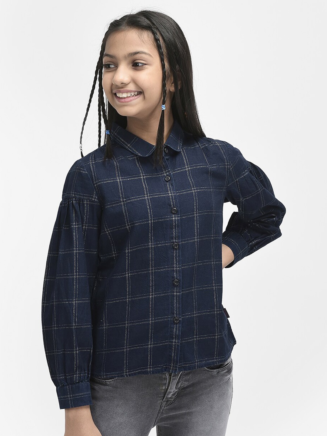 

Crimsoune Club Windowpane Checked Puff Sleeves Casual Shirt, Navy blue