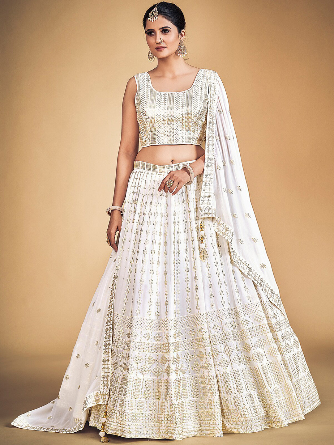 

ODETTE Embellished Sequinned Ready To Wear Lehenga & Blouse With Dupatta, White