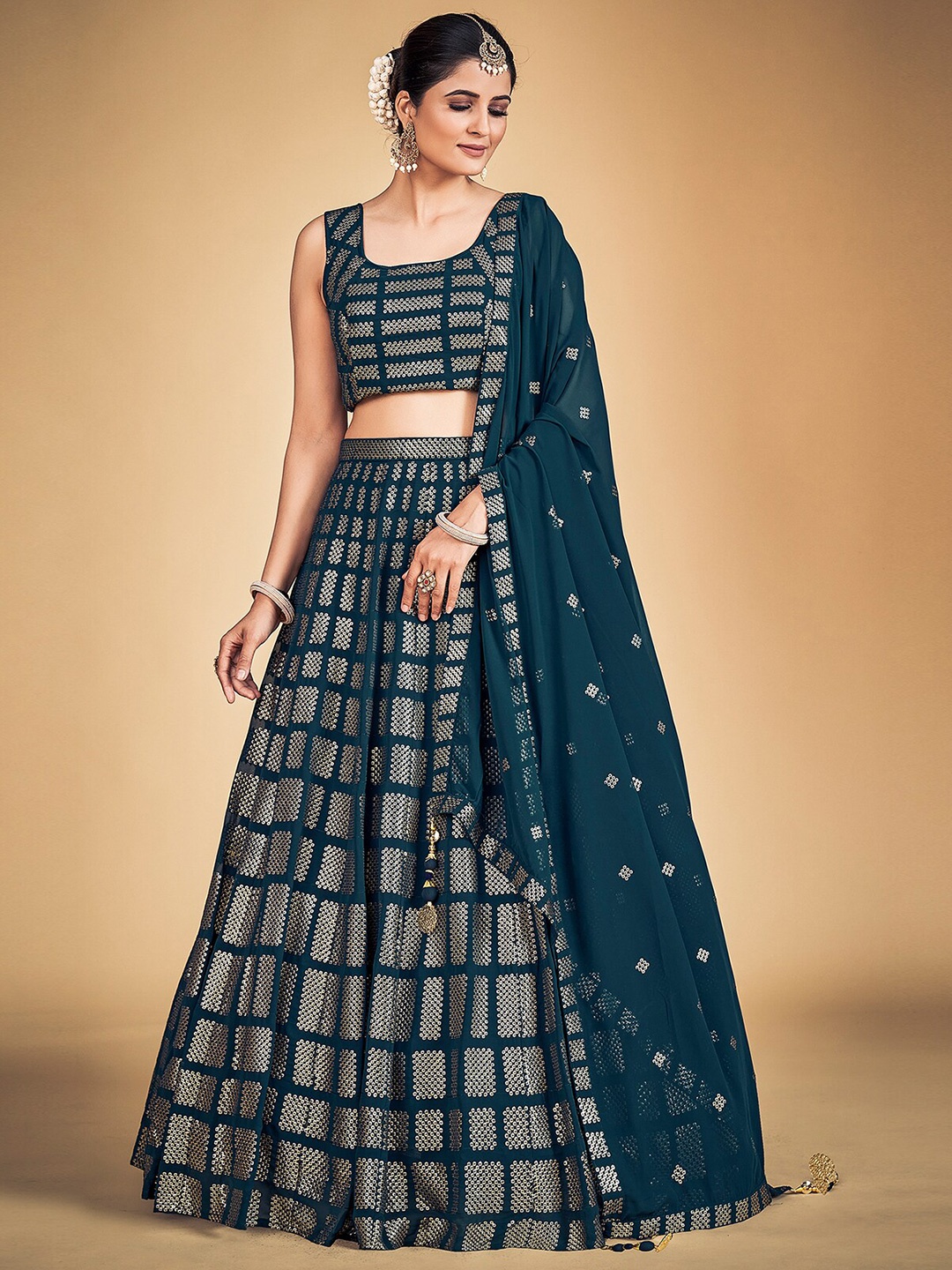 

ODETTE Embellished Sequinned Ready to Wear Lehenga & Blouse With Dupatta, Teal