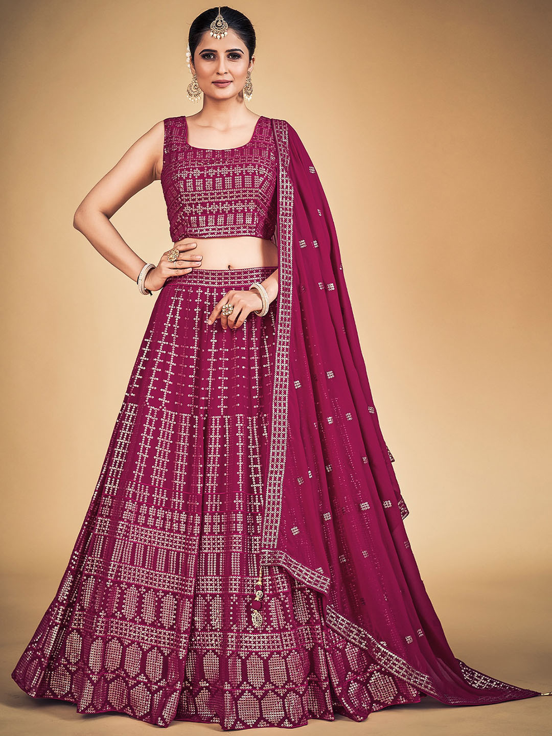 

ODETTE Embellished Sequinned Ready to Wear Lehenga & Blouse With Dupatta, Magenta