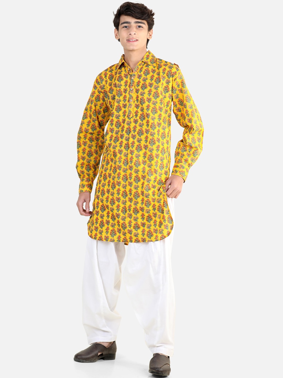 

BownBee Boys Floral Printed Pure Cotton Pathani Kurta with Salwar, Yellow