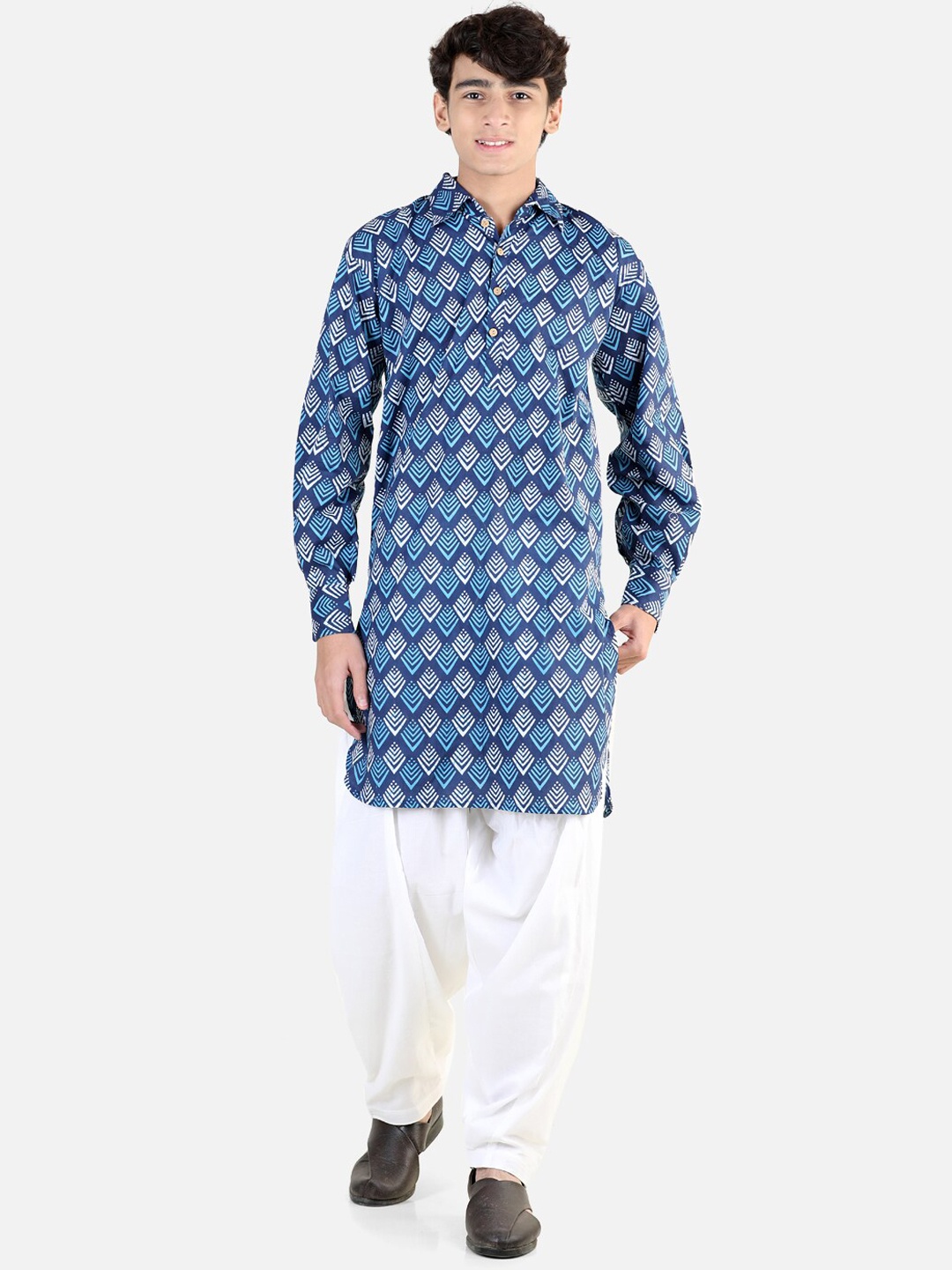 

BownBee Boys Geometric Printed Pure Cotton Pathani Kurta with Salwar, Blue