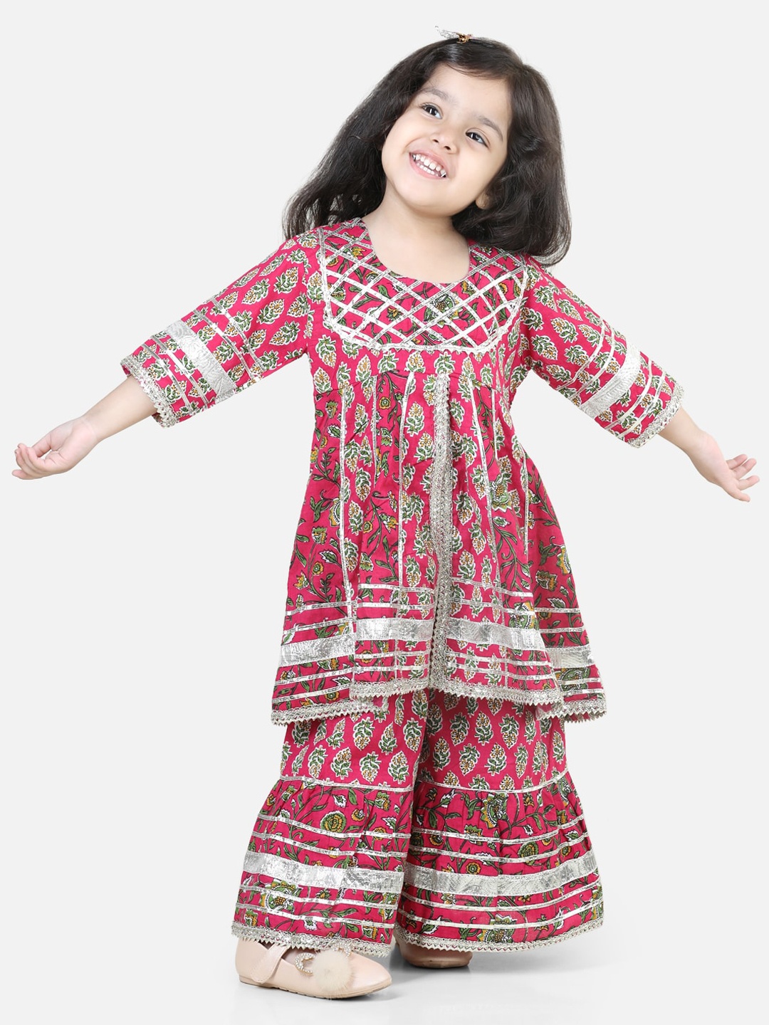 

BownBee Girls Floral Printed Pure Cotton Kurta with Sharara, Pink