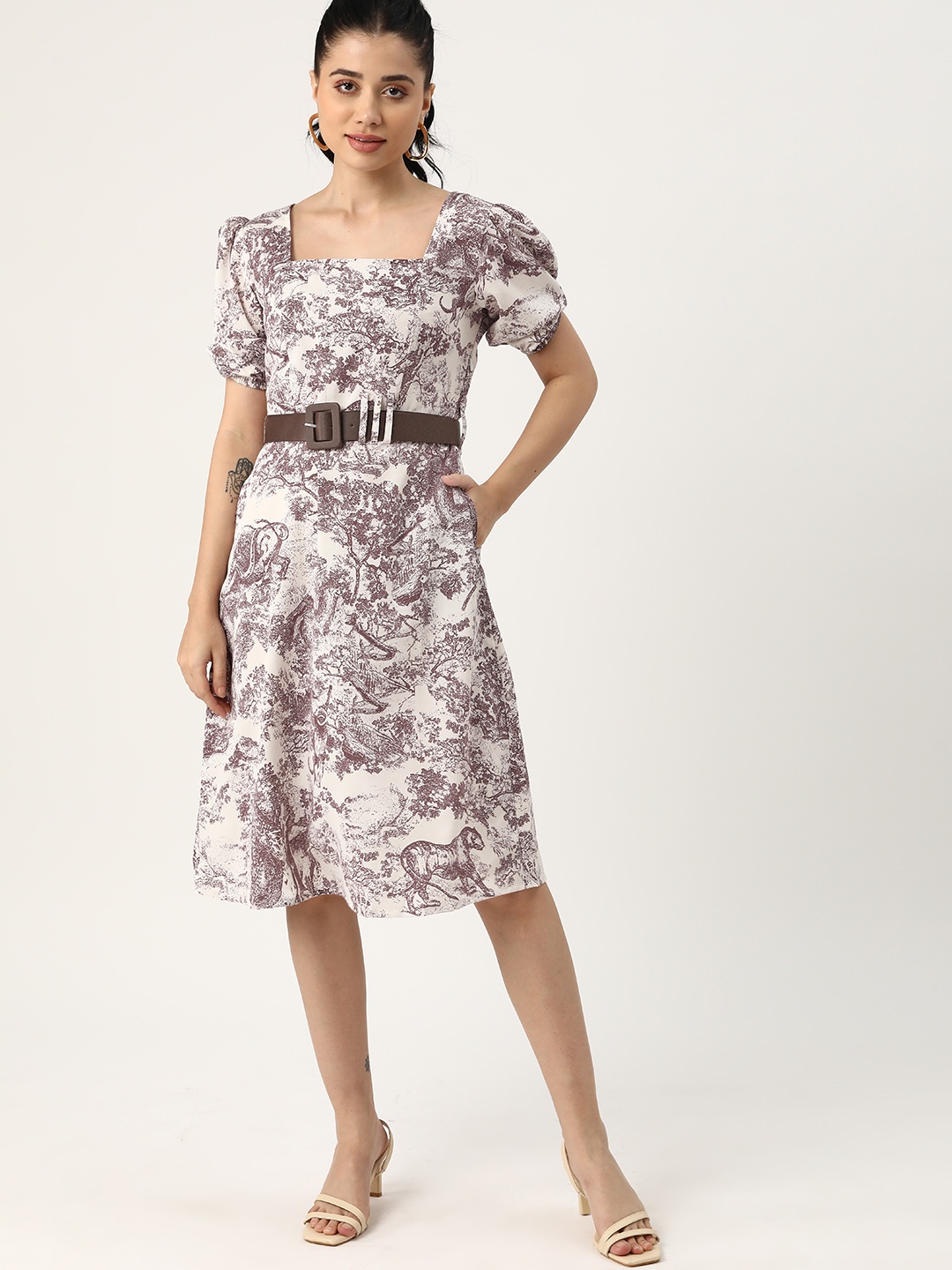 

DressBerry Abstract Print Puff Sleeves Square Neck A-Line Dress with Belt, Brown