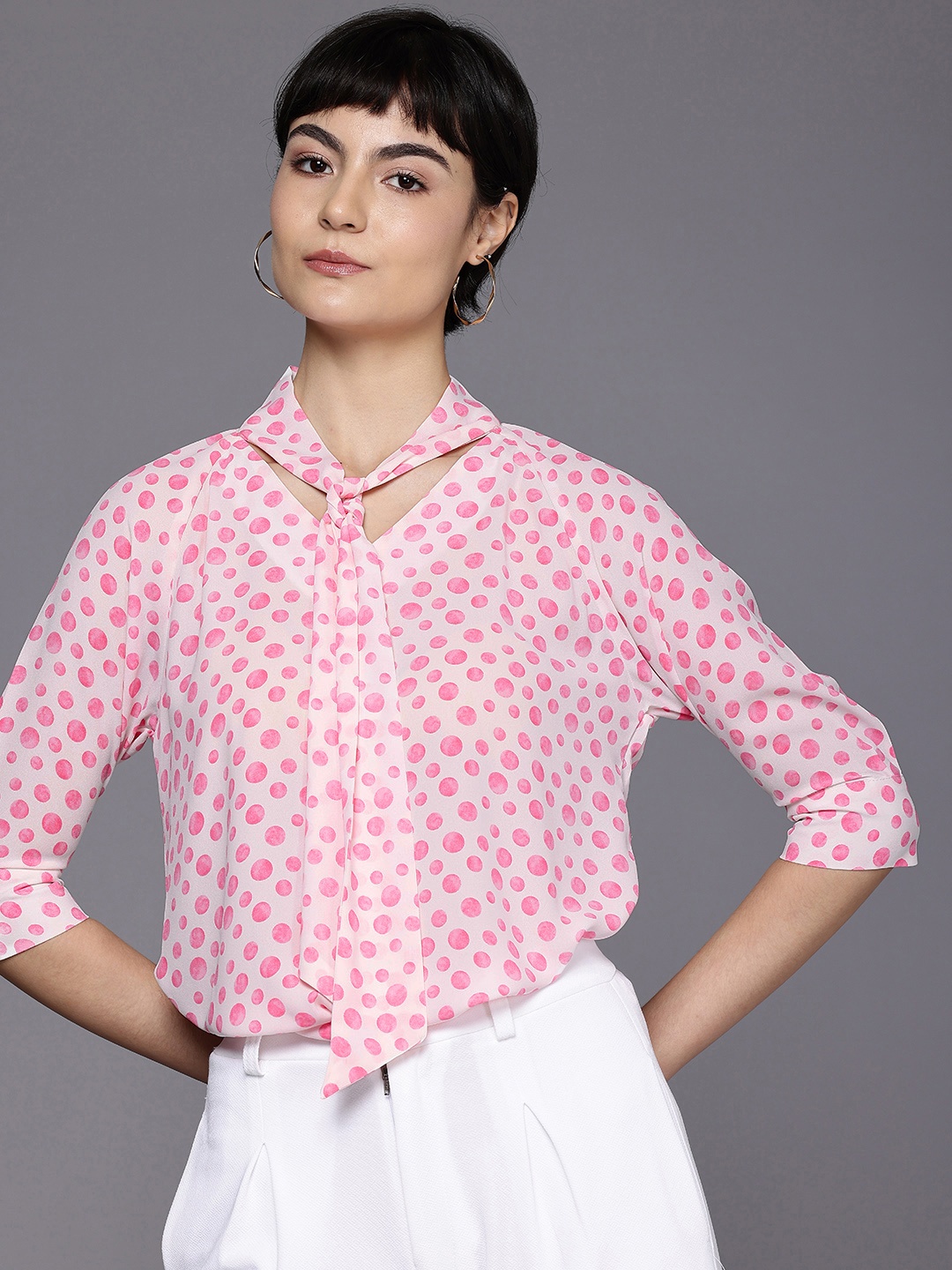 

Allen Solly Woman Polka Dot Print Tie-Up Neck Top, White